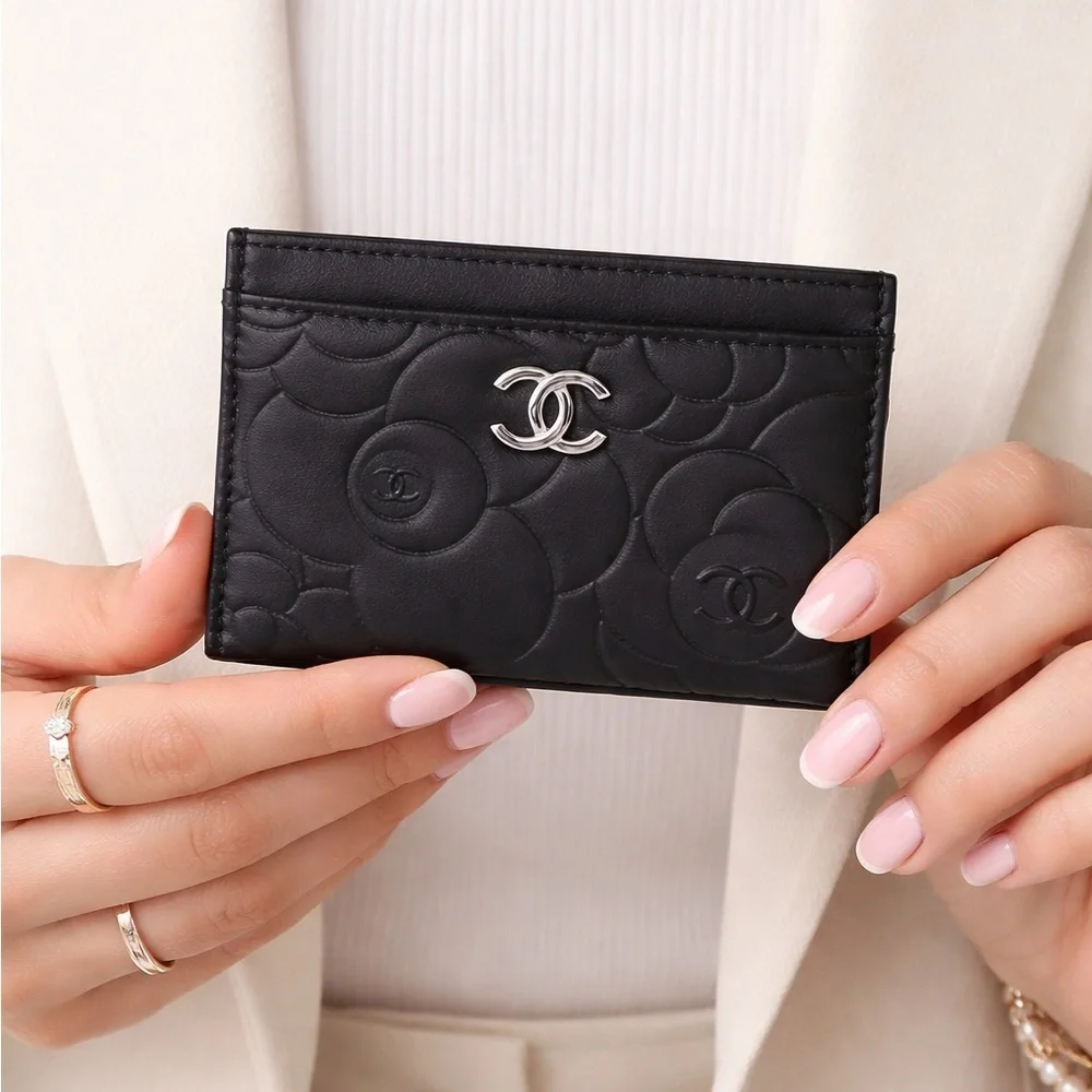 Chanel Black Leather Camellia Card Wallet